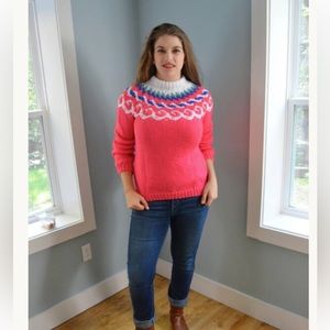 Vintage Handmade Knit Sweater Icelandic Pattern Pink Size Medium Cozy Fair Isle